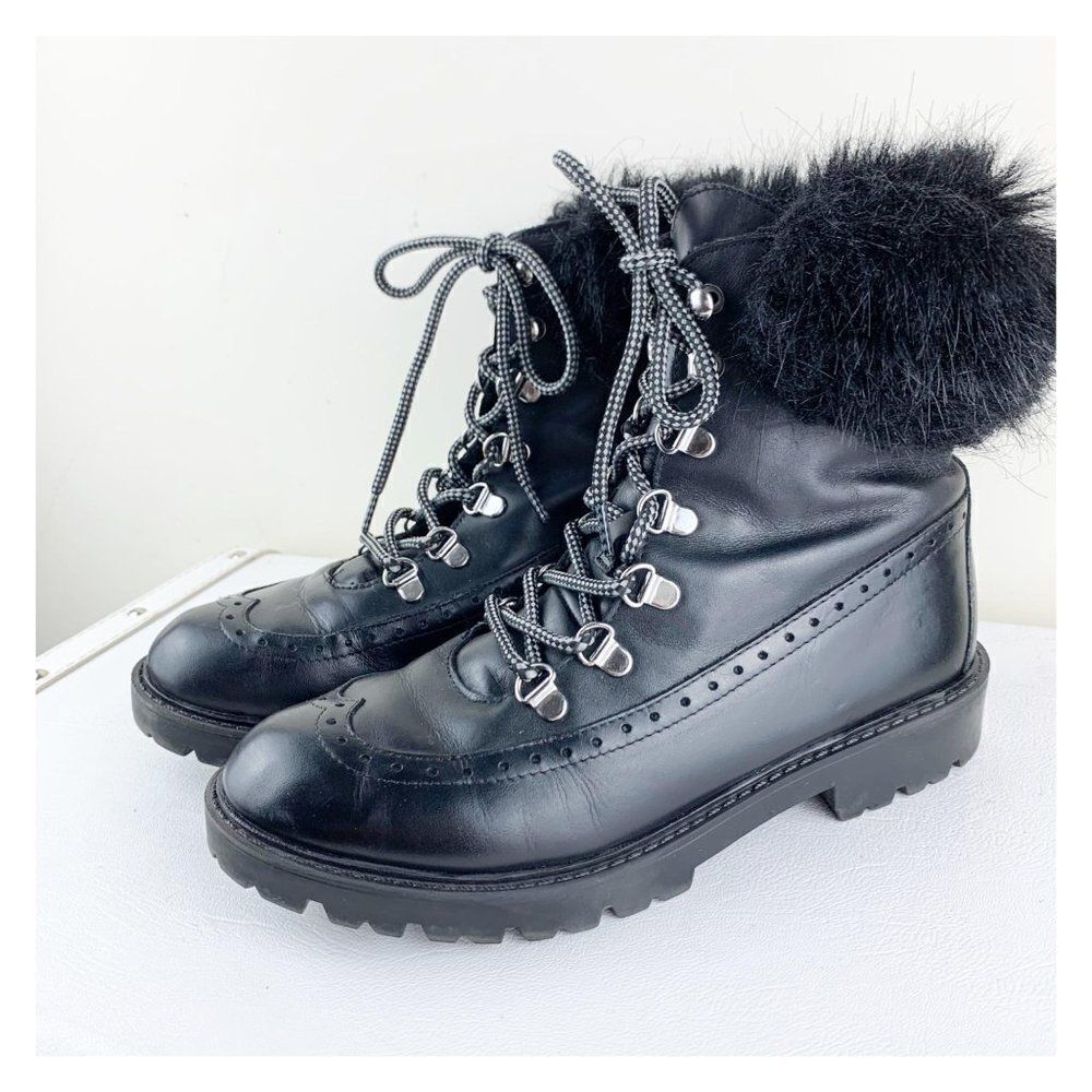 Charles David Ramses Combat Style Black Leather Fur Trim Lug Sole Warm Bootie